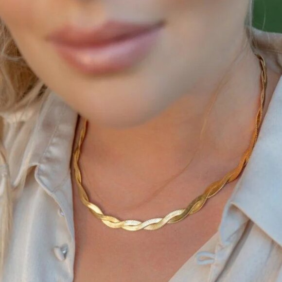 Gold Herringbone Twist Necklace Waterproof Necklace Gorgeous Layering Necklace - Picture 1 of 15
